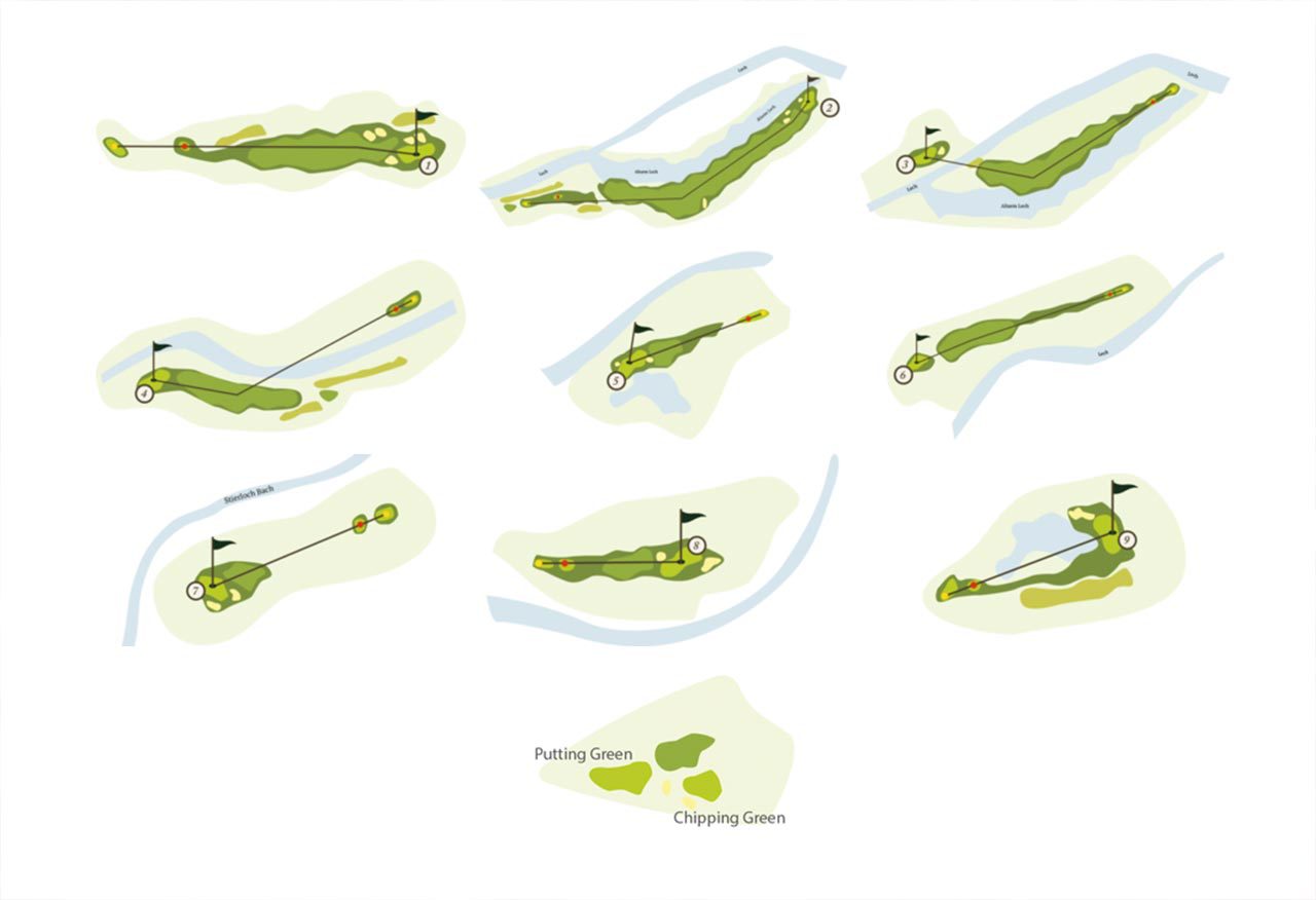 Eine Grafik die alle Details für jedes Loch des Lech-Zug Golfplatzes (9-Loch) zeigt.